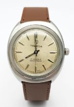 A Vintage Tressa Automatic Gents Watch. Brown leather strap. Stainless steel case - 36mm. Metallic