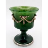 A Nephrite Jade Early 20th Century Cup with Applied Ribbons and Gems Set on Silver Feet with