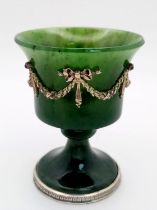 A Nephrite Jade Early 20th Century Cup with Applied Ribbons and Gems Set on Silver Feet with