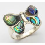 A Unique Vintage Sterling Silver Paua/Abalone Shell Butterfly Ring Size T. Crown Measures 2.2 x 1.