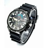 A Casio Edifice Quartz Chronograph Gents Watch. Tough black rubber strap and case - 45mm. Black dial