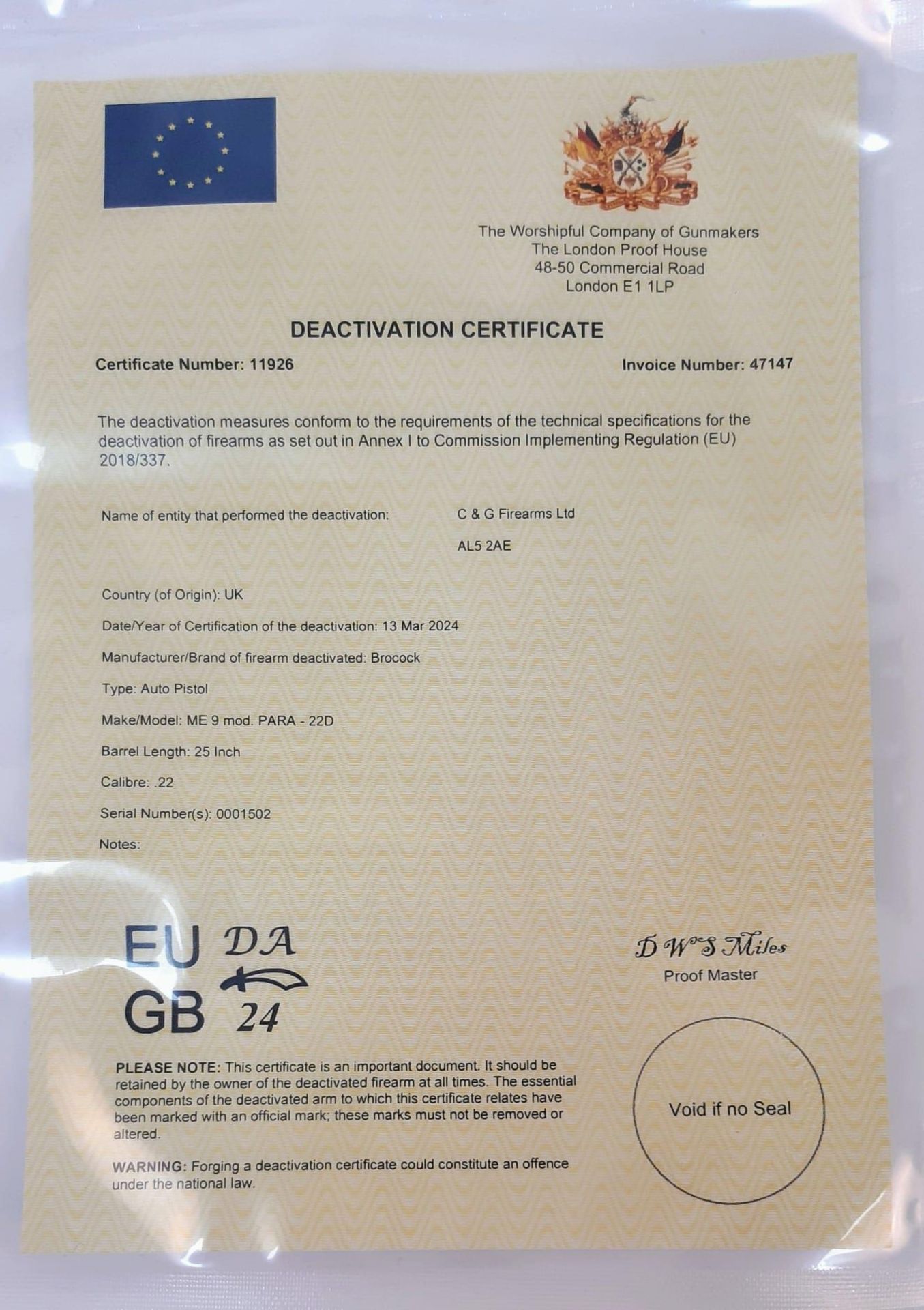 A Deactivated Brocock ME9 Para Pistol. .22 calibre. Comes with an EU deactivation certificate. UK/EU - Image 9 of 11