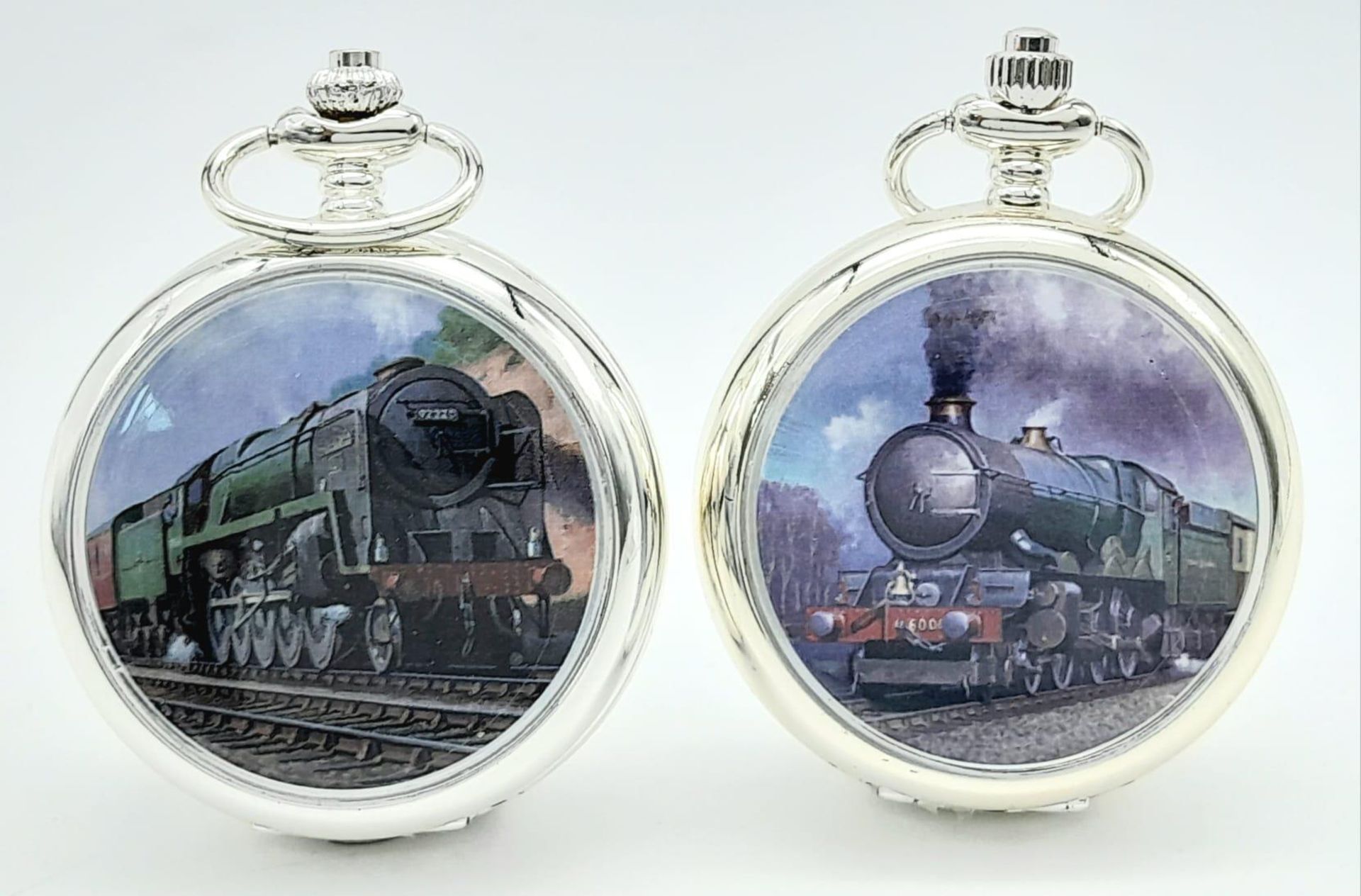 A Parcel of Two Manual Wind Silver Plated Pocket Watches Comprising 1) The Famous Steam Train ‘