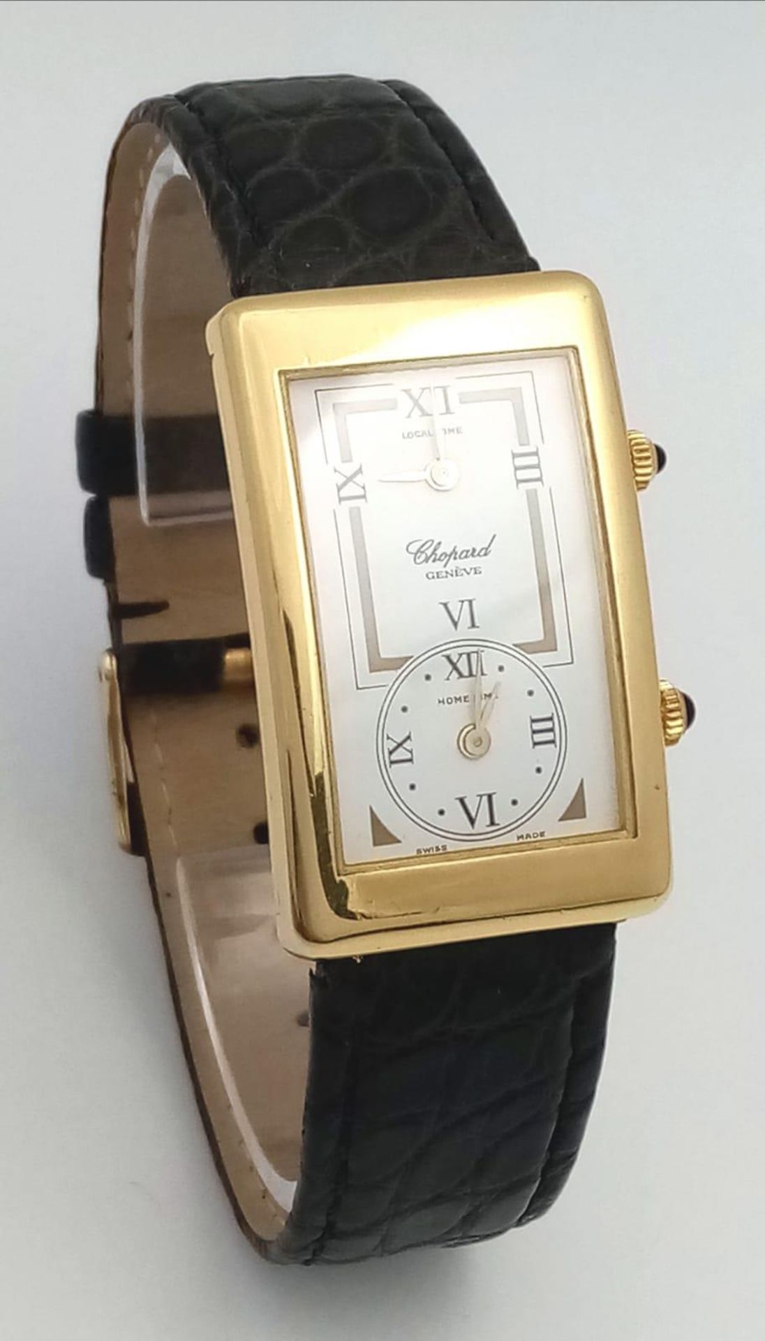 A Chopard 18K Gold Home Time (Dual Time) Gents Watch. Black leather strap. 18K gold rectangular case - Image 3 of 15