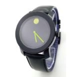 A Movado Bold Quartz Gents Watch. Black leather strap. Stainless steel and ceramic case - 43mm.