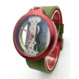 A VERTICALE unisex skeleton watch, burgundy case 42 mm, original green leather strap (unused),