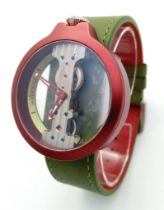 A VERTICALE unisex skeleton watch, burgundy case 42 mm, original green leather strap (unused),