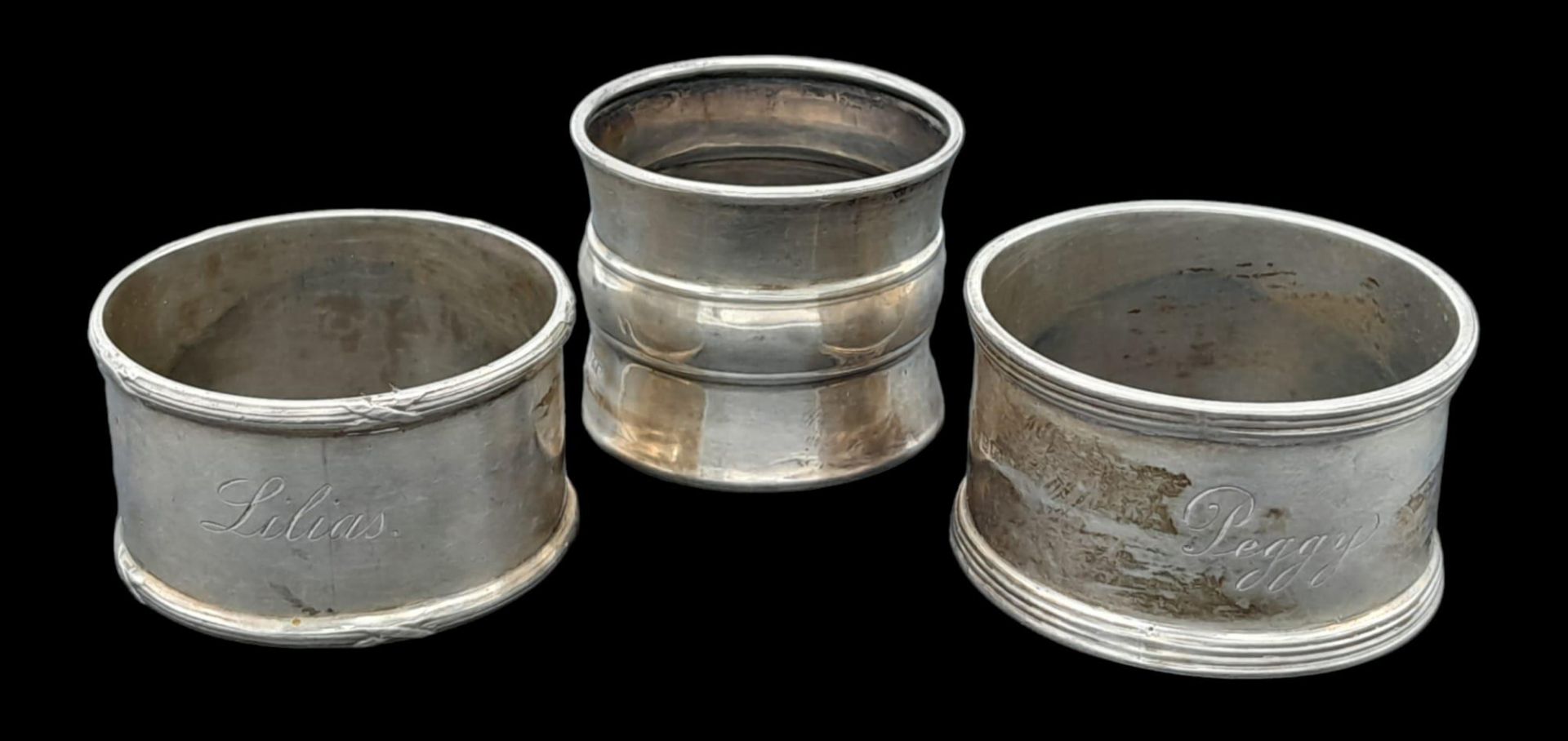 3X antique sterling silver napkin holders with different sizes and designs. Full Birmingham, 1908,