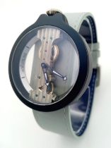 A VERTICALE unisex skeleton watch, black case 42 mm, original grey/blue leather strap (unused),