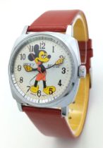 A Vintage Mickey Mouse Mechanical Watch. Red leather strap. Stainless steel case - 32mm. Mickey