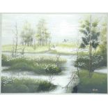 BEAUTIFUL HAND EMBROIDERED ORIENTAL SILK PICTURE OF A RIVER DELTA , NICELY FRAMED AND READY TO