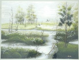 BEAUTIFUL HAND EMBROIDERED ORIENTAL SILK PICTURE OF A RIVER DELTA , NICELY FRAMED AND READY TO