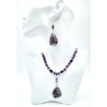 An original Brazilian AMETHYST necklace and earrings set, with round and cylindrical alternating
