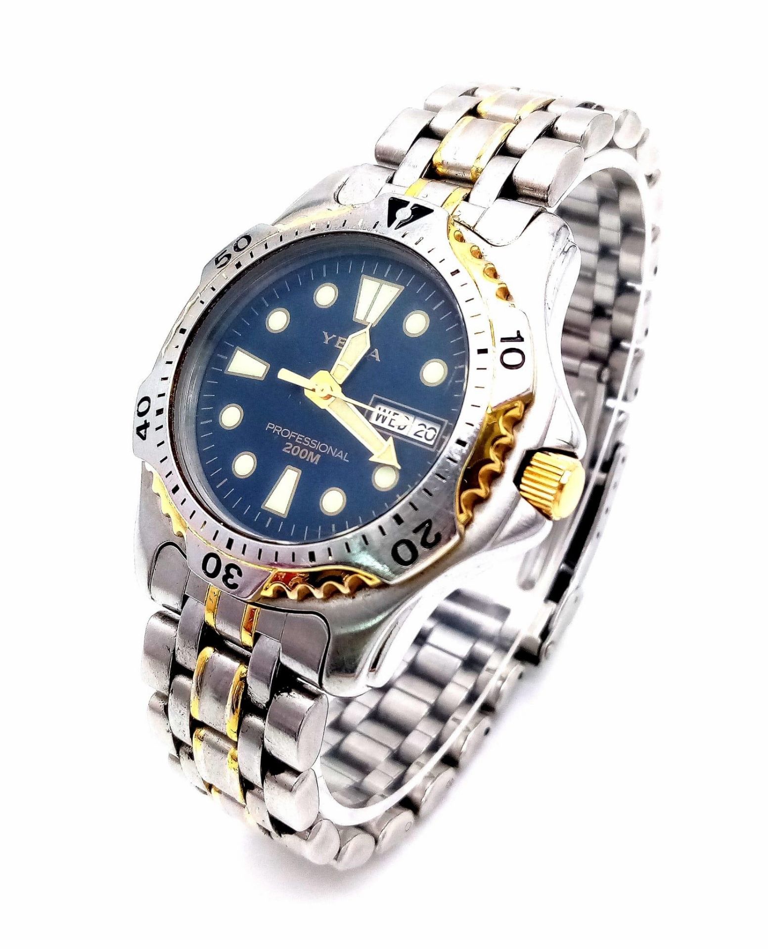 A Yema Bi-Metal Stainless Steel Professional, Day/Date, Quartz Divers Watch. 45mm Including Crown.