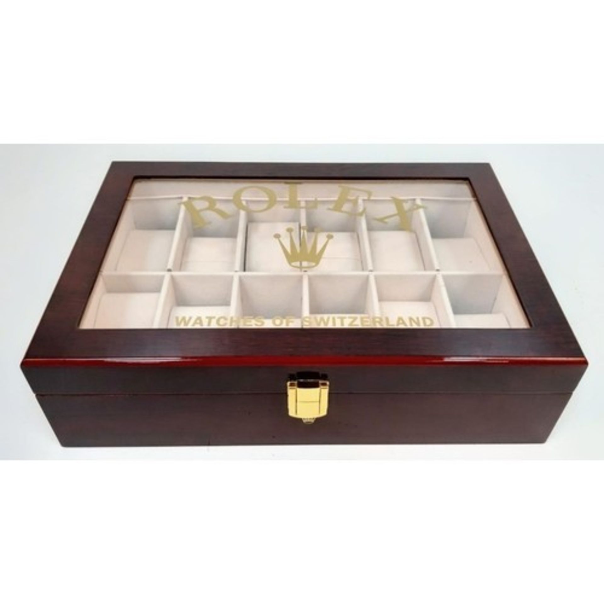 A 12 Watch Display Case - Perfect for Rolex Watches. Polished veneer exterior. Plush interior. 26