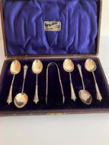 Antique set of SILVER COFFEE SPOONS and matching TONGS. Hallmark for William Devenport, Birmingham
