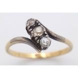 A Vintage 18K Yellow Gold (tested) Old-Cut Diamond Crossover Ring. Size O. 2.25g total weight.