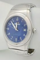 A Vintage Ellesse, Blue Face, Stainless Steel Date Watch. 41mm Including Crown. Full Working Order.