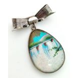 A Vintage Hand Painted Sterling Silver Bow Brooch. 4cm Length. The Pendant of the Brooch is very