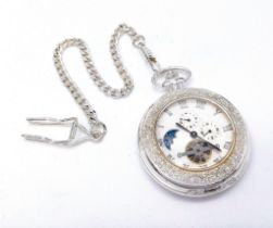 An Unused Silver Tone, Mechanical Wind, Moonphase Pocket Watch with Albert Chain. Skeleton Case