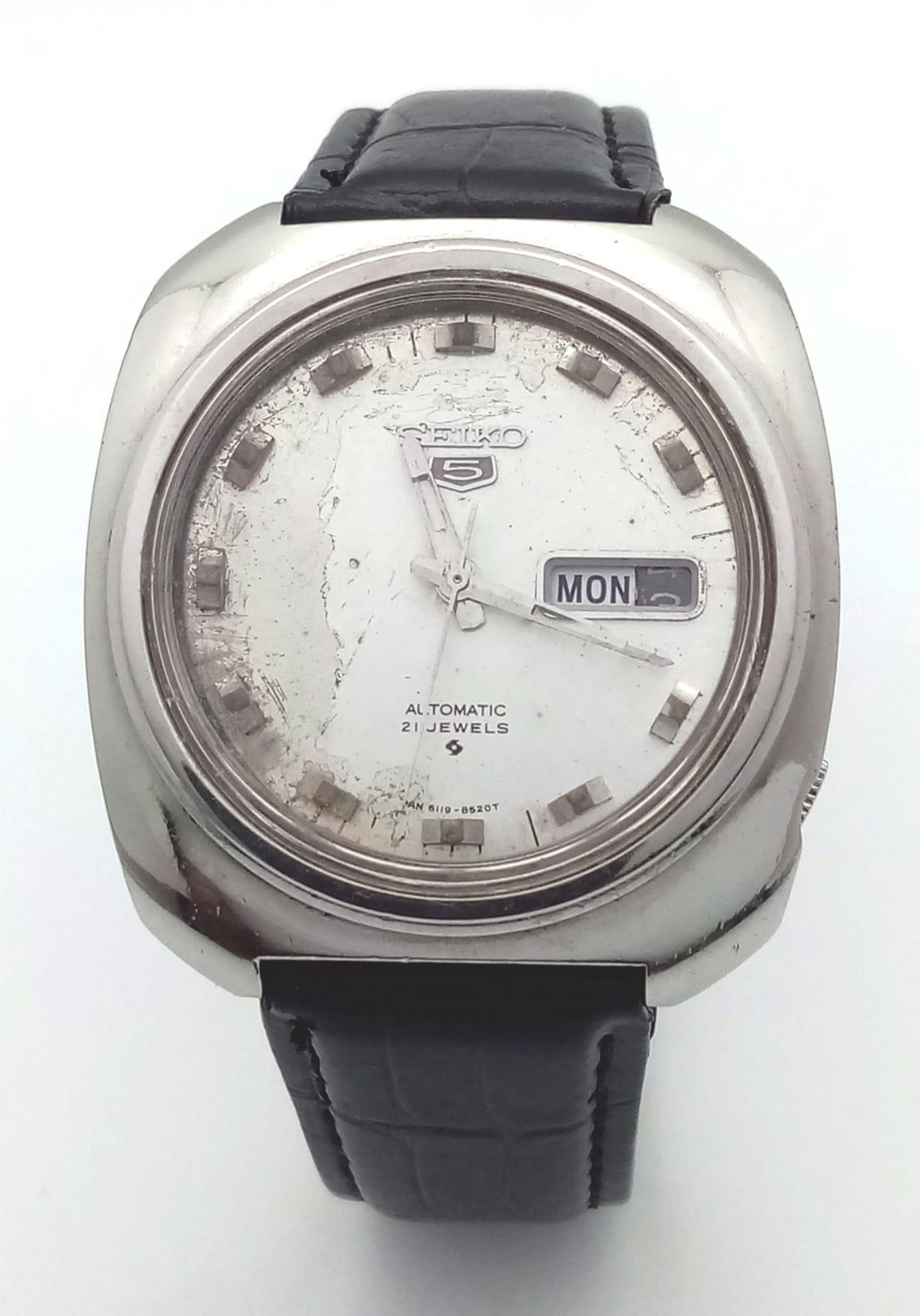 A Vintage Seiko 5 Automatic Gents Watch. Black leather strap. Stainless steel case - 38mm. Silver - Bild 3 aus 9