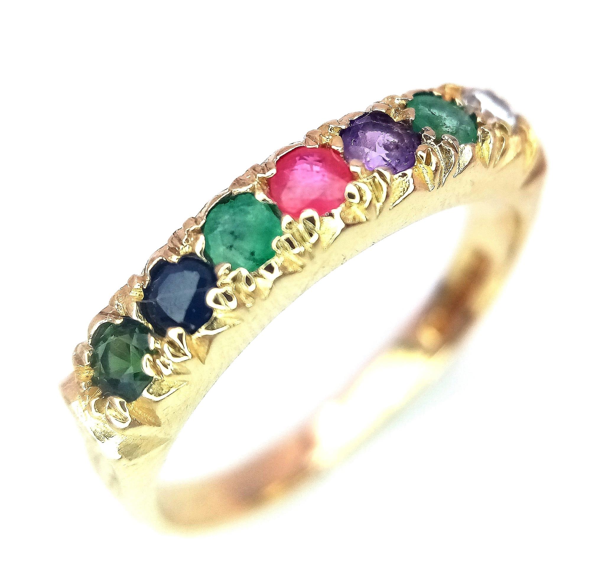 A PRETTY 9K YELLOW GOLD MULTI GEMSTONES SET DEAREST RING, WEIGHT 2.9G SIZE S - Image 3 of 11
