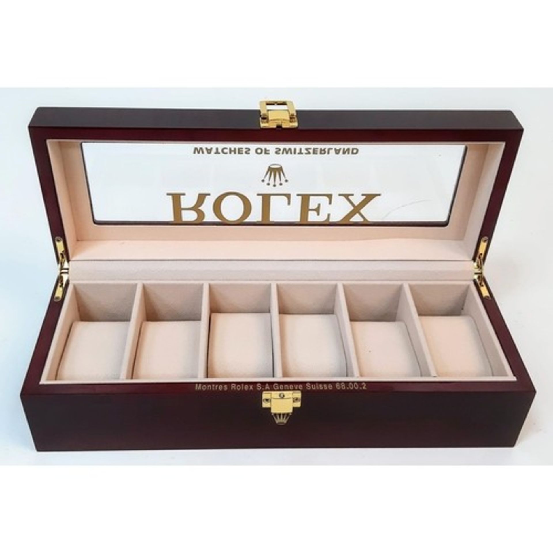 A Six Space Watch Case - Perfect for Rolex Watches. Polished veneer exterior. Plush interior. In