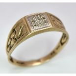 A VINTAGE GENTS 9K YELLOW GOLD DIAMOND BAND RING WITH PATTERNED SHOULDERS - 0.01CT DIAMOND - 2G