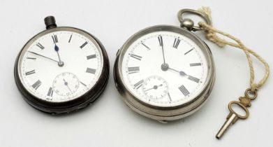 Two Antique Pocket Watches - 925 cased - 50mm - A/F and a white metal with key - 52mm - works with