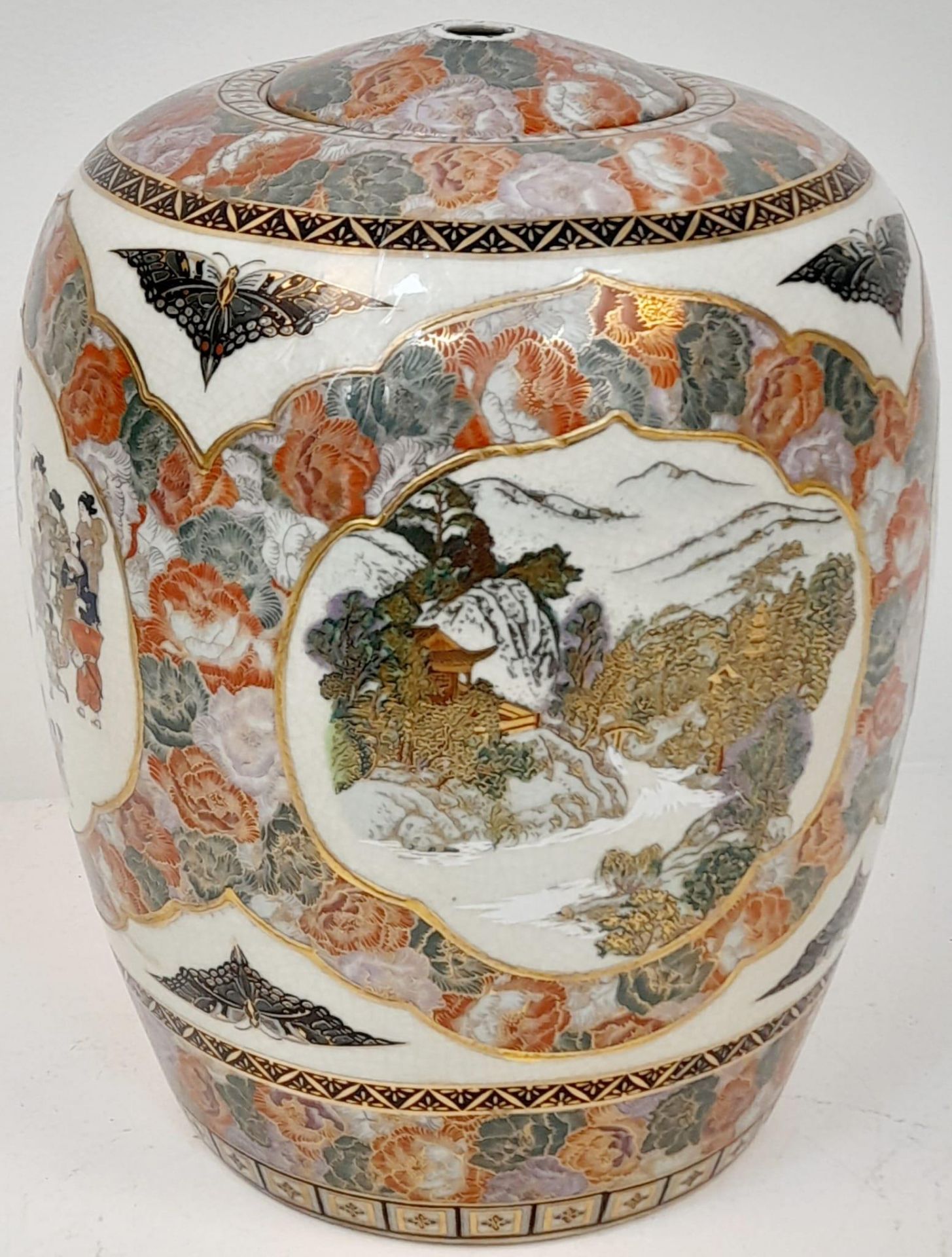 A LARGE ORIENTAL JAR IN THE STYLE OF YABU MEIZAN , HAS HOLES TOP AND BOTTOM READY FOR WIRING AS A - Image 8 of 13