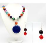 A “Happy, care-free” necklace and earrings set with large (14 mm) multi-coloured banded agate beads,