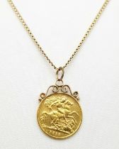 A 22K GOLD HALF SOVEREIGN MOUNTED IN 9K GOLD AND ON A 60cms 9K GOLD BOXLINK CHAIN . 10.4gms