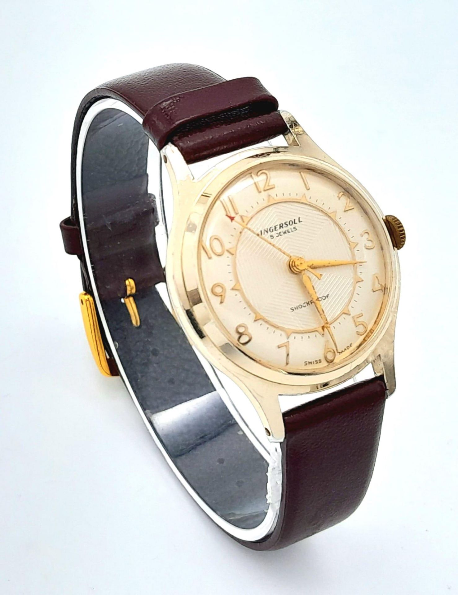 A Vintage Ingersoll Mechanical Gents Watch. Burgundy leather strap. Gilded case - 32mm. Cream - Bild 3 aus 5