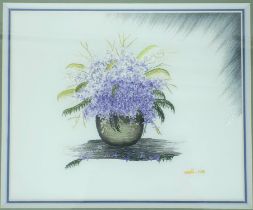 HAND EMBROIDERED ORIENTAL SILK PICTURE OF AN EARTHENWARE BOWL WITH VIOLETS IN MODERN TASTEFUL