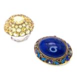 Two Vintage Silver Jewellery Pieces - Lapis and enamel brooch - 3.5cm and a Citrine cluster ring -