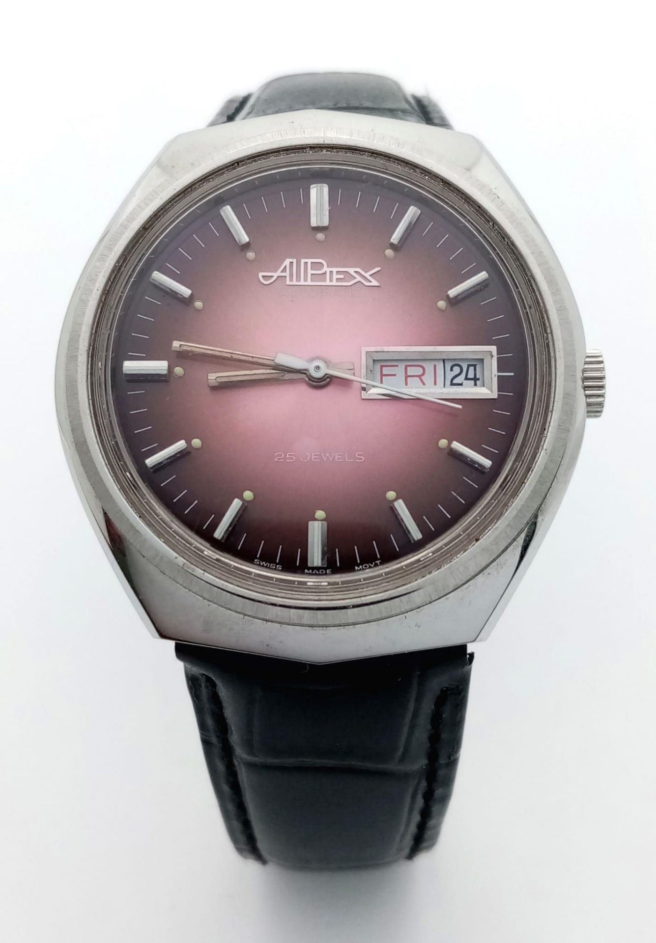 A Vintage Alpiex 25 Jewels Automatic Gents Watch. Blacl leather strap. Stainless steel case -