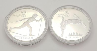 Two Commemorative 1988 Calgary Winter Olympic Games Silver Coins. Both weigh a troy ounce and are