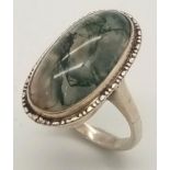 An Unique Vintage Silver Moss Agate Set Ring Size M. Crown Measures 2.5cm Length, Gross Weight 5.