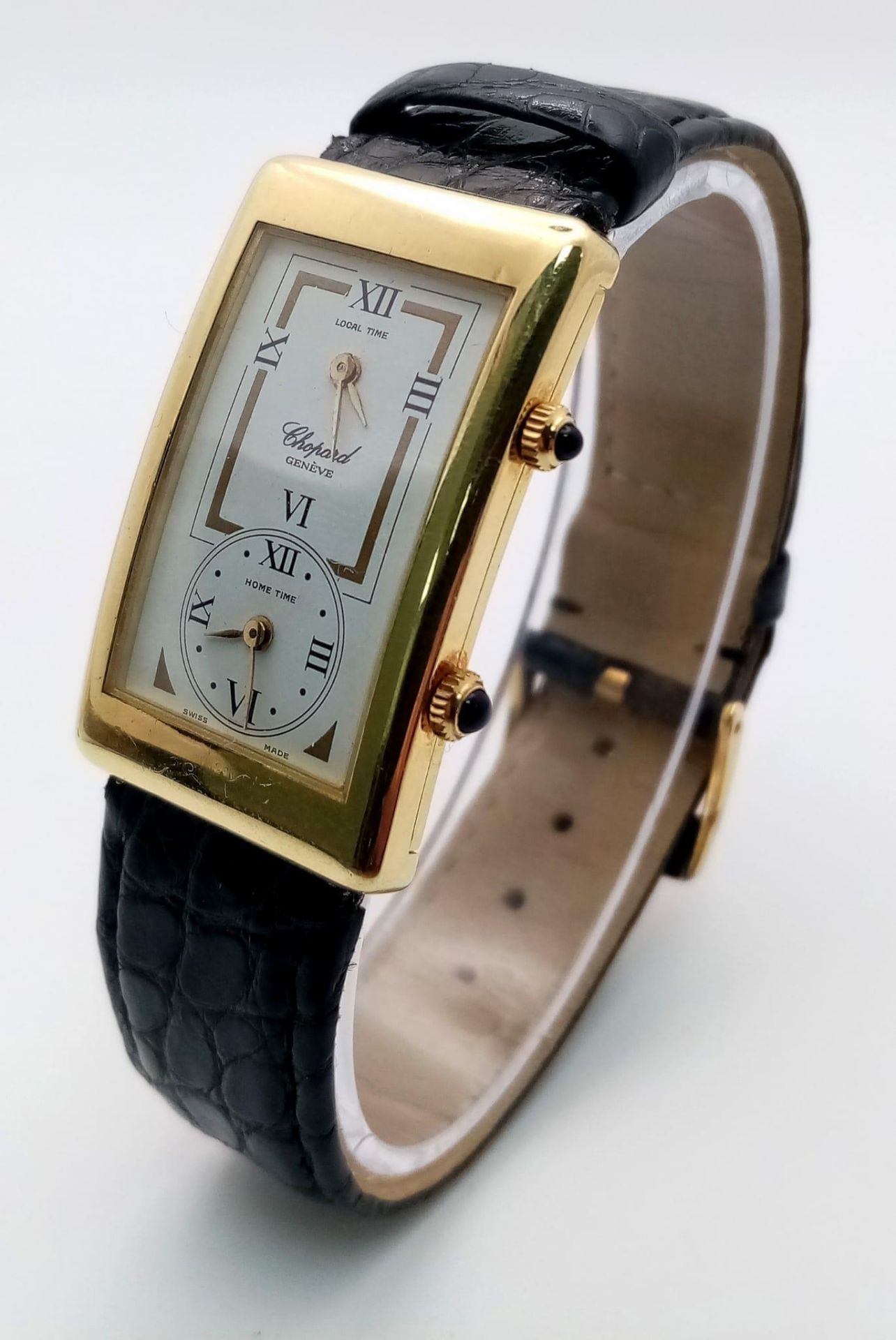 A Chopard 18K Gold Home Time (Dual Time) Gents Watch. Black leather strap. 18K gold rectangular case - Image 4 of 15
