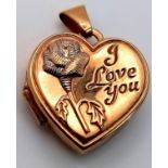 AN ATTRACTIVE 9K YELLOW GOLD HEART LOCKET PENDANT, ENGRAVED WITH A ROSE AND THE WORDS I LOVE YOU,