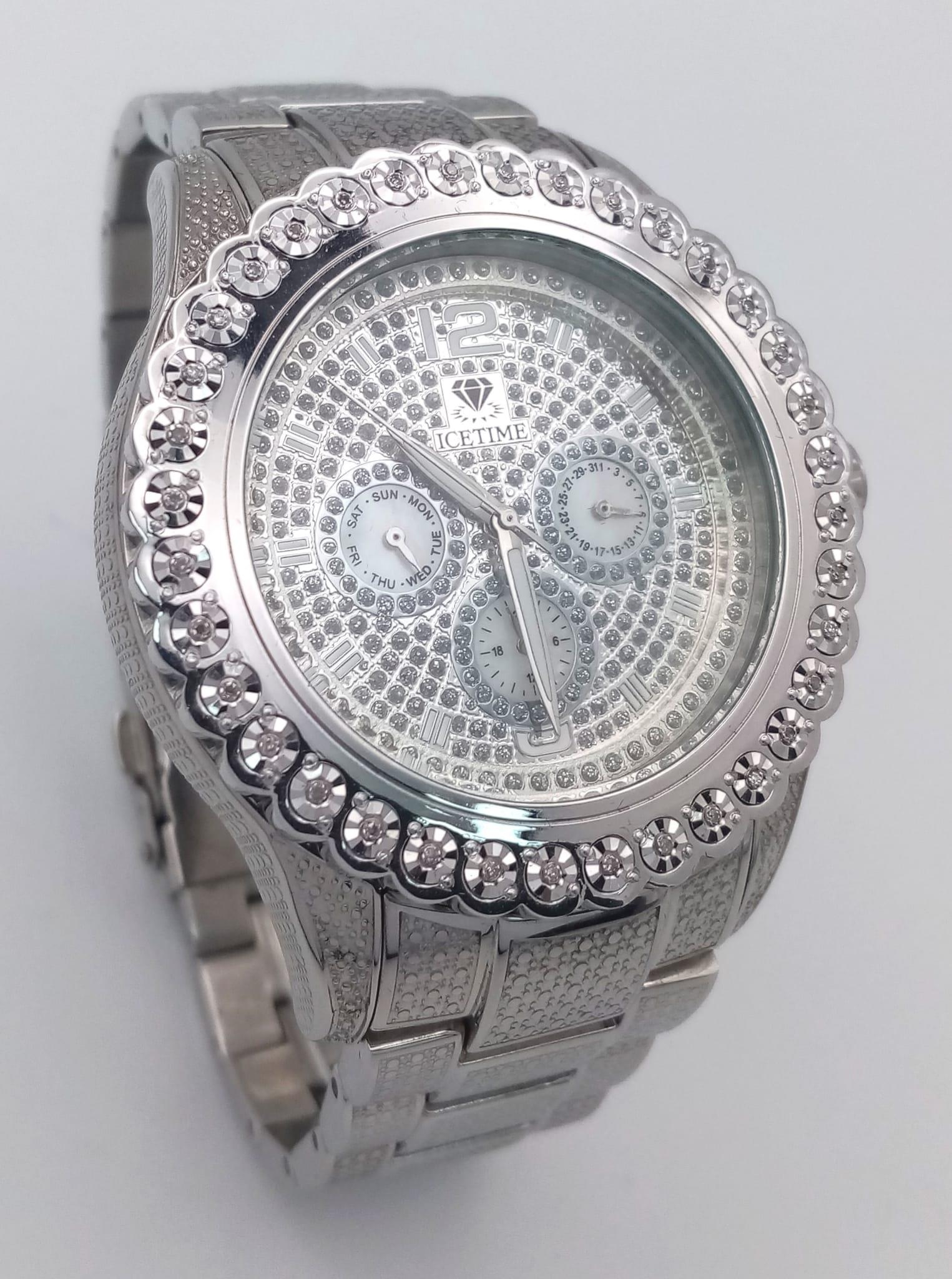 An Icetime Diamond Quartz Gents Watch. Stainless steel bracelet and case - 47mm. White stone - Image 3 of 8