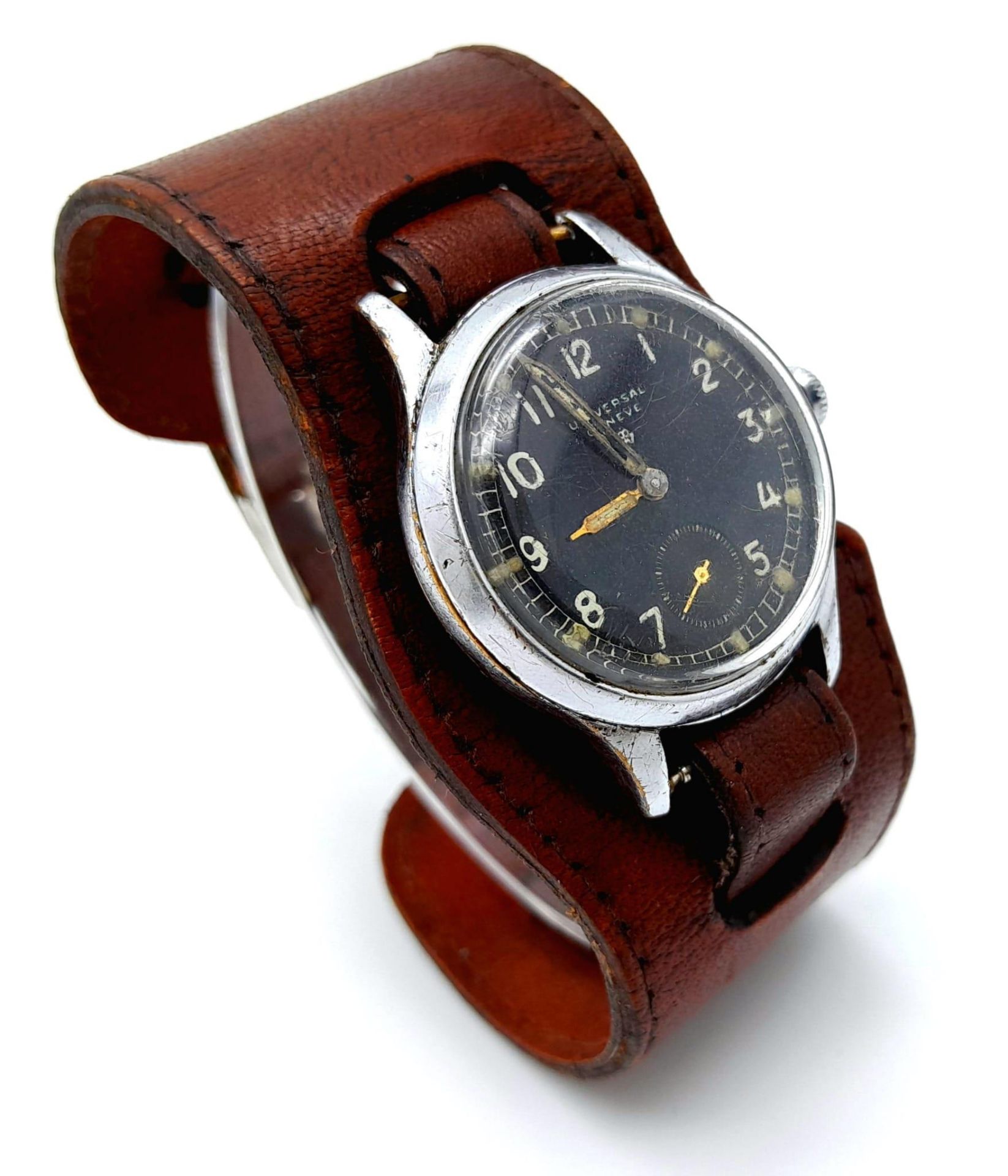 A Rare Vintage Universal Geneve Mechanical Gents Watch. Double leather strap. Stainless steel case - - Bild 3 aus 5