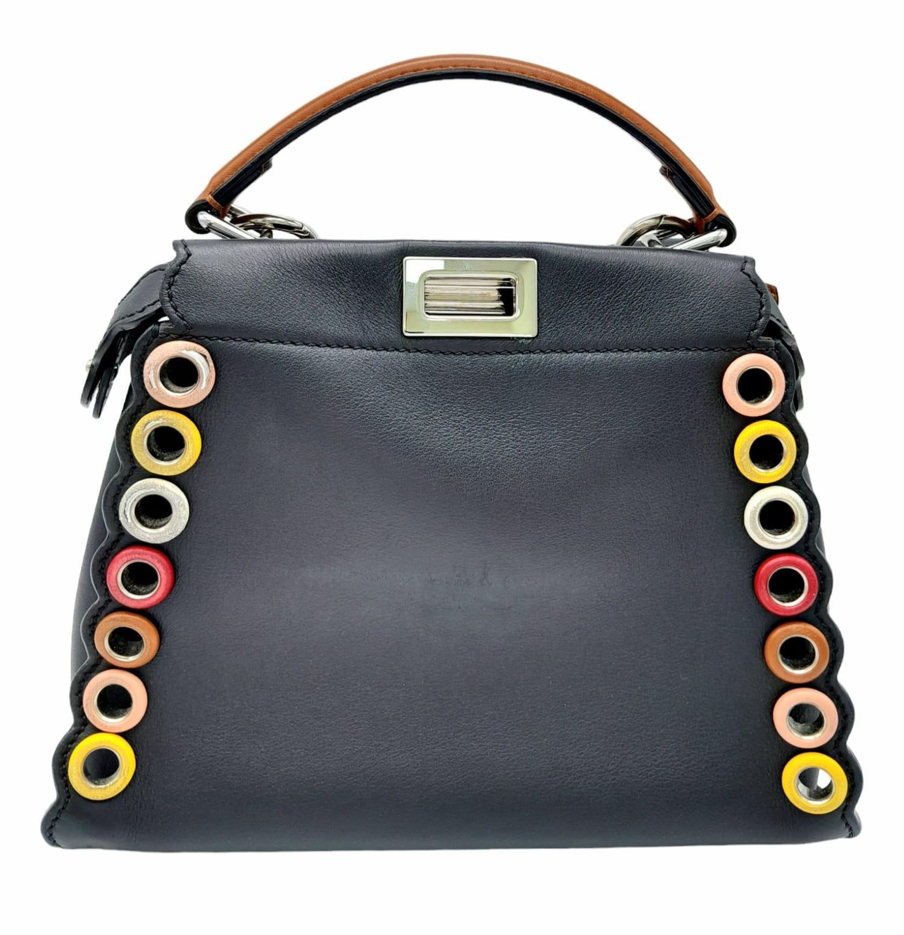 A Fendi Nappa scalloped grommet mini peakaboo satchel bag in black and multicolour. Black leather - Image 4 of 8