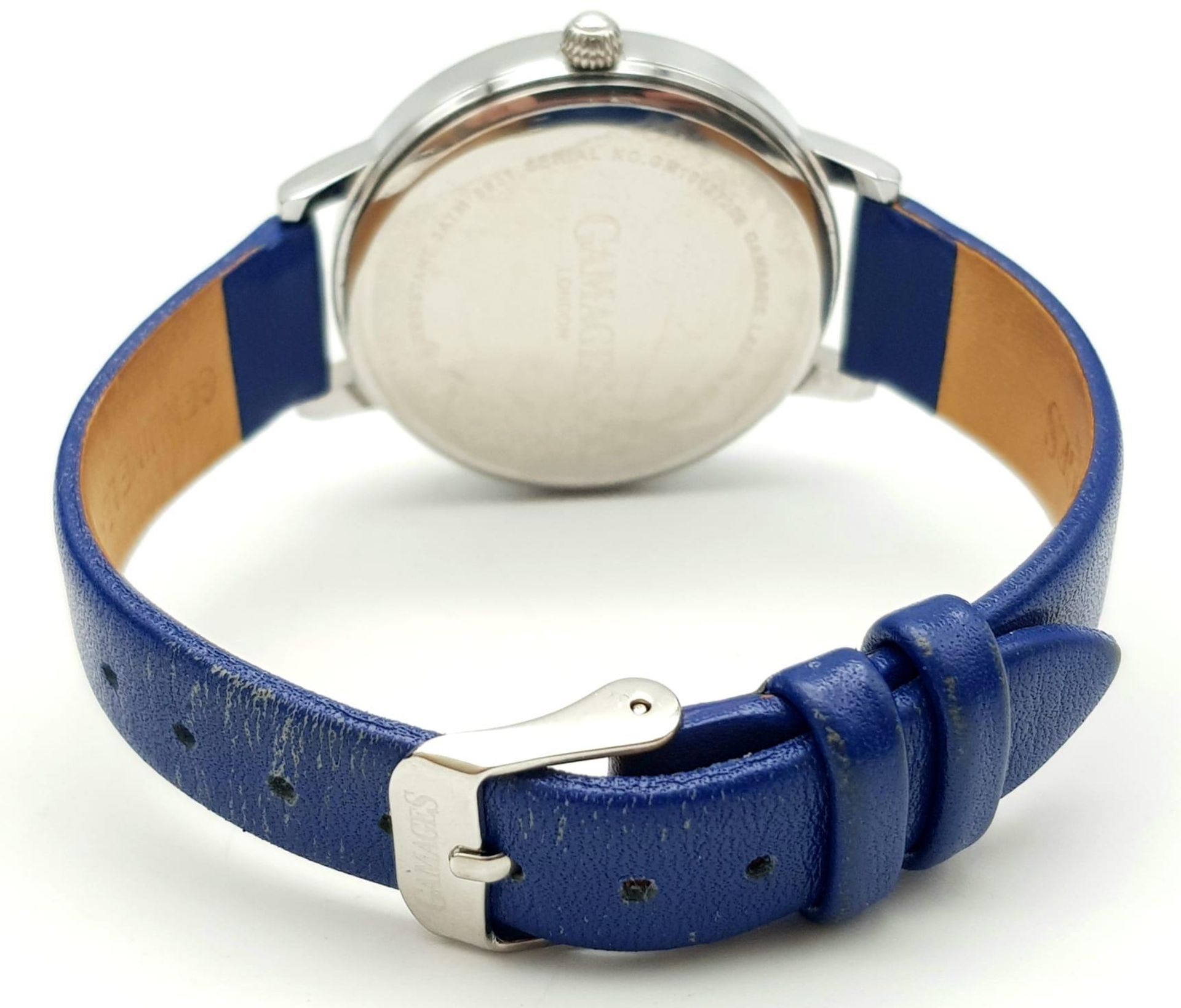 A Gamages of London Quartz Ladies Watch. Blue leather strap. Stainless steel case - 37mm. Ice blue - Image 4 of 6