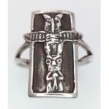 A Vintage Silver Totem Pole Detailed Native American/ Ethnic Ring Size Q. The Crown Measures 2.1cm