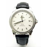 OMEGA DE VILLE CO AXIAL CHRONOMETER STAINLESS STEEL WATCH, WHITE FACE AND DIALS WITH BLACK LEATHER