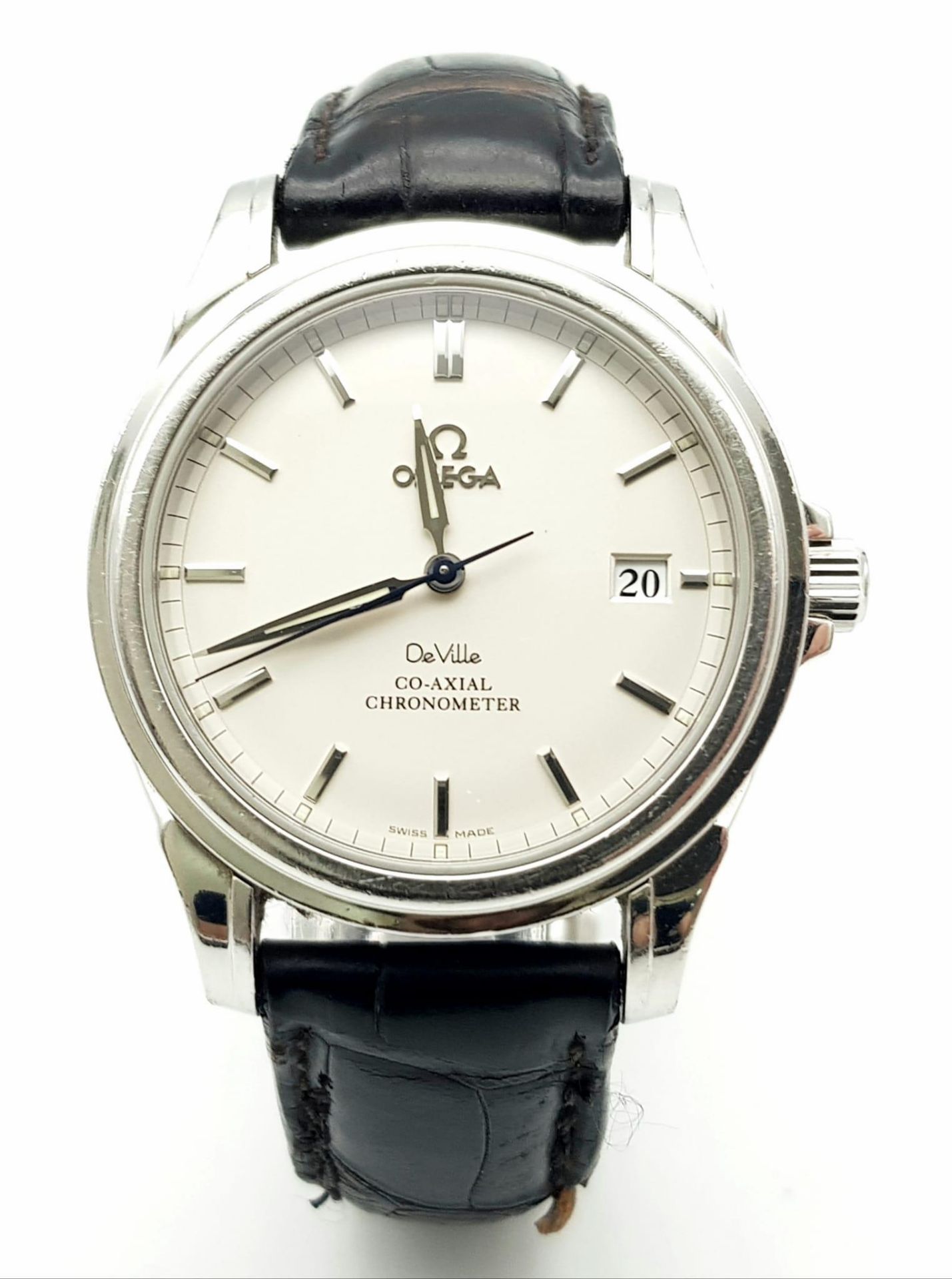 OMEGA DE VILLE CO AXIAL CHRONOMETER STAINLESS STEEL WATCH, WHITE FACE AND DIALS WITH BLACK LEATHER