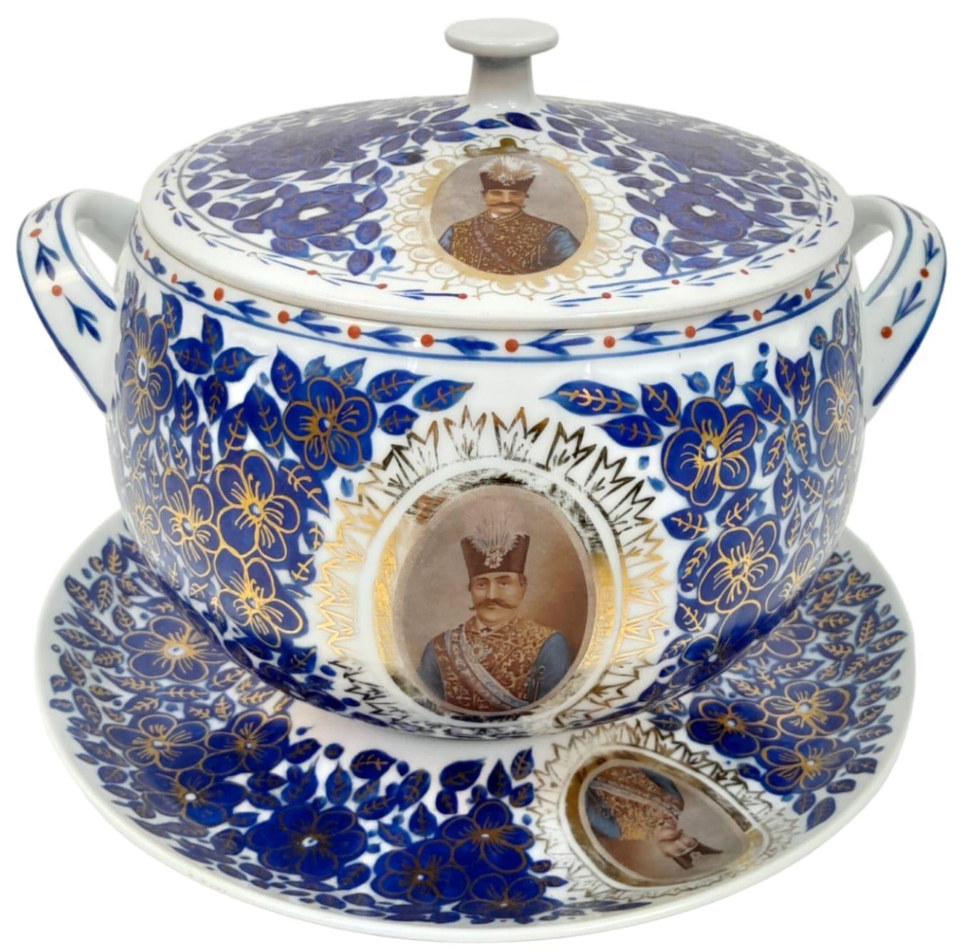 A LIDDED QAJAR TUREEN AND PLATE WITH NASIR AL DIN 'S PICTURE