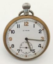 A Military CYMA pocket watch, 52 mm case, white dial with Arabic numerals and seconds sub-dial.