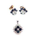 A 9K Gold Diamond and Sapphire Pendant with Matching Stud Earrings. 17mm pendant. 2.55g total